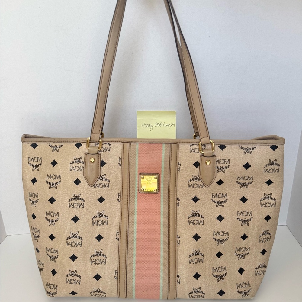 MCM Liz Shopper Tote Large Beige Leather Monogram w/ Pink Stripe